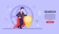 Business search concept. Vector flat businessman is leaning against the geolocation sign because he is looking for a path to Royalty Free Stock Photo