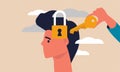 Business secret and padlock secure man. Privacy idea and discovery intelligence opportunity vector illustration concept.