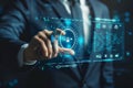 Business security concept. A glowing info-graphic hologram AI interface for encryption security