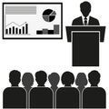 Business Seminar.Business Man Tribune Speech People Group Meeting Silhouettes Royalty Free Stock Photo