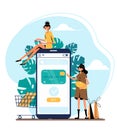 Business series, online shop -modern flat vector illustration concept of women shopping. Website interaction - purchase process. Royalty Free Stock Photo