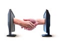 Business shake hands from two computer screens on White background.