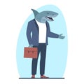 Business shark in suit with suitcase. Successful boss or manager. Man in suit with fish head. Office worker. Strong Royalty Free Stock Photo