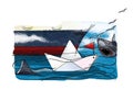 Business and sharks. A paper boat with a red flag on the waves next to a fragment of a large sea ship surrounded by sharks. Gulls Royalty Free Stock Photo