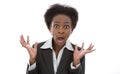 Business: shocked black woman speechless isolated on white background