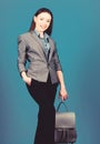 Business. Shool girl with knapsack. stylish woman in jacket with leather backpack. girl student in formal clothes