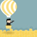 Business situation. Businessman flying in a balloon.