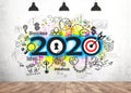 2020 and business sketch in concrete wall room Royalty Free Stock Photo