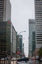 Business skyscrapers in the dowtown of Montreal, Quebec, on a rainy day, taken on Rene Levesque Boulevard