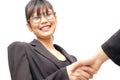 Business smiling glasses asian women shaking hand with person