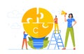 Business Solution, Idea Development, Brainstorm Concept. Tiny Business People Team Collect Huge Light Bulb Jigsaw Puzzle