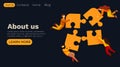 Business solutions concept, workflow flying people and interaction with puzzle pieces icons. Landing page template. Royalty Free Stock Photo