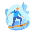 Business in sports, successful businessman, concept man on surfboard conquers wave, cartoon vector illustration Royalty Free Stock Photo