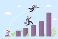 Business springboard. Higher jumping to achievement in sky, boost job growth career, unfair businessman leap spring