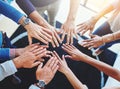 Business staff, hands together and office worker group with support, motivation and solidarity goal. Above, hand in and Royalty Free Stock Photo