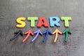 Business start begin the journey concept, colorful arrows point up to word START on blackboard cement wall to emphasize the Royalty Free Stock Photo