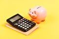 Business start up. bookkeeping. financial report. piggy bank with calculator. Moneybox. family budget management. saving Royalty Free Stock Photo