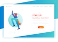 Business Start Up Landing Page Template. Businessman Character Flying on the Rocket for Website. Innovation