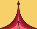 Business startup, businessman celebrate success in startups. businessman standing on arrow with arms raised