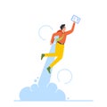 Business Startup, Career Boost and Growth Concept. Cheerful Businessman Take Off with Jet Pack. Office Worker Flying Up