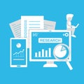 Business startup company research observation and development with statistic and resource people illustration in white grayscale