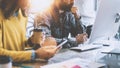 Business Startup Concept.Coworkers Teamworking Process.Bearded Hipster Typing Modern Computer.Young Woman Using