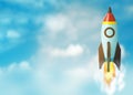 Business startup concept. Modern rocket flying in sky, space for text Royalty Free Stock Photo