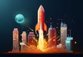 Business Startup Concept Rocket Ship Start From City On Cityscape Background