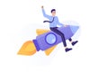 Business Startup Concept. Young business man flying on a rocket up. Startup your project. Launching of a new company. Boosting Royalty Free Stock Photo