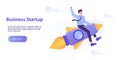 Business Startup Concept. Young business man flying on a rocket up. Startup your project. Launching of a new company. Landing page Royalty Free Stock Photo