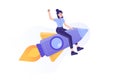 Business Startup Concept. Young business woman flying on a rocket up. Startup your project. Launching of a new company. Boosting Royalty Free Stock Photo