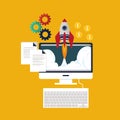 Business startup illustration with rocket, computer and data cartoon