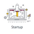 Business Startup illustration. Rocket and laptop. Line vector icon.