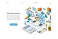 Business startup isometric concept. Rocket launch from the laptop. Landing page template.