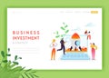 Business Startup Landing Page Template. Investment and Strategy Banner with Characters Launches Rocket Using Laptop
