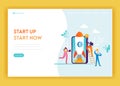 Business Startup Landing Page Template. Mobile Technology and Strategy Banner with Business People Characters Rocket