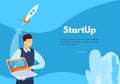 Business startup, launch rocket vector illustration, cartoon flat businessman character holding laptop, launching fast Royalty Free Stock Photo