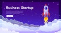 Business startup launch. Starting new project concept with rocket launching in sky. Cartoon successful product release