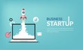 Business startup launching products with rocket symbol. Start up concept vector illustration