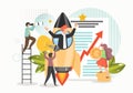 Business startup with new ideas, vision, growth strategy, professional team, vector flat illustration