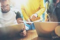 Business Startup People Brainstorming Process Office.Coworkers Making Great Decisions.Young Bearded Hipsters Team Royalty Free Stock Photo