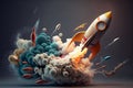 business startup projects with a 3D toy rocket soaring through space, leaving behind a trail of smoke. Generative AI