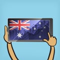 business statistics chart showing different growing graphs with australian flag on screen of tablet on blue background