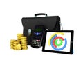 Business statistics diagram tablet money briefcase 3d render on