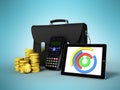 Business statistics diagram tablet money briefcase 3d render on