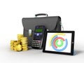 Business statistics diagram tablet money briefcase 3d render on