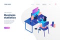 Business statistics isometric landing page template female stockbroker analyzing market growth