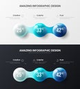 Business 3 step data visualization design layout. Amazing colorful 3D balls corporate statistics infographic set.