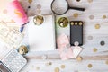 Business still life. Calculator, notepad, bills on a wooden background. Business concept Royalty Free Stock Photo