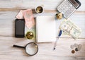 Business still life. Calculator, notepad, bills on a wooden background. Business concept Royalty Free Stock Photo